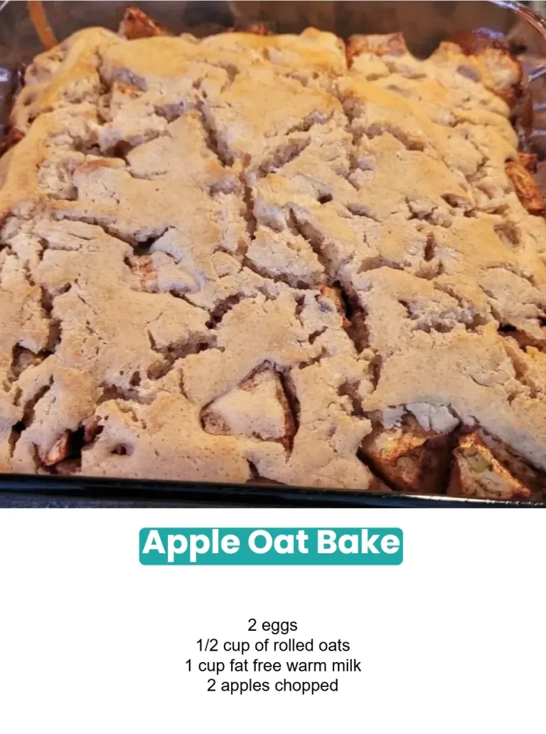 Baked dish of apple oat bake fresh from the oven with apple slices on top.