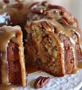 Delicious apple pecan cake drizzled with caramel glaze on a rustic table