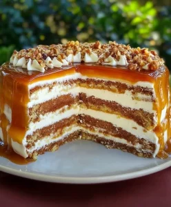 Sliced Apple Walnut Cake topped with Mascarpone Cream on a rustic plate