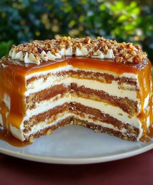 Sliced Apple Walnut Cake topped with Mascarpone Cream on a rustic plate