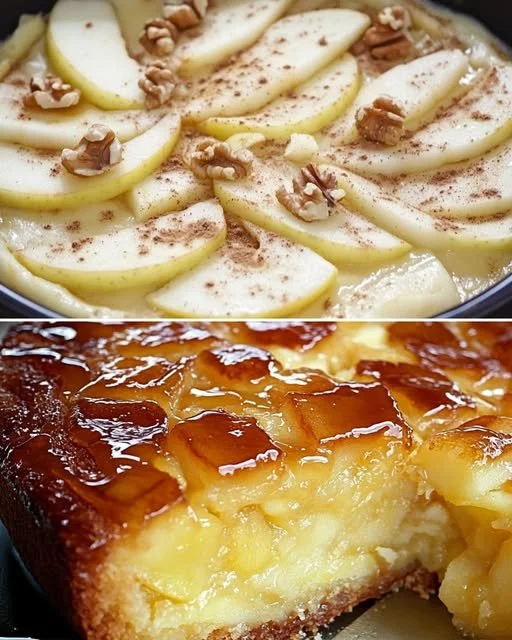 A slice of apple yogurt cake garnished with fresh apple slices.