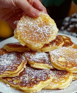 Fluffy apple yogurt pancakes stacked on a plate with syrup