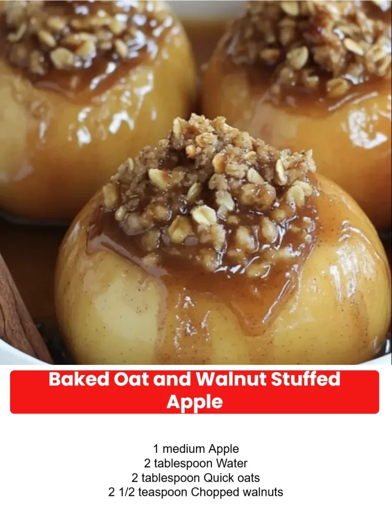 Baked oat and walnut stuffed apple served on a plate with a sprinkle of cinnamon
