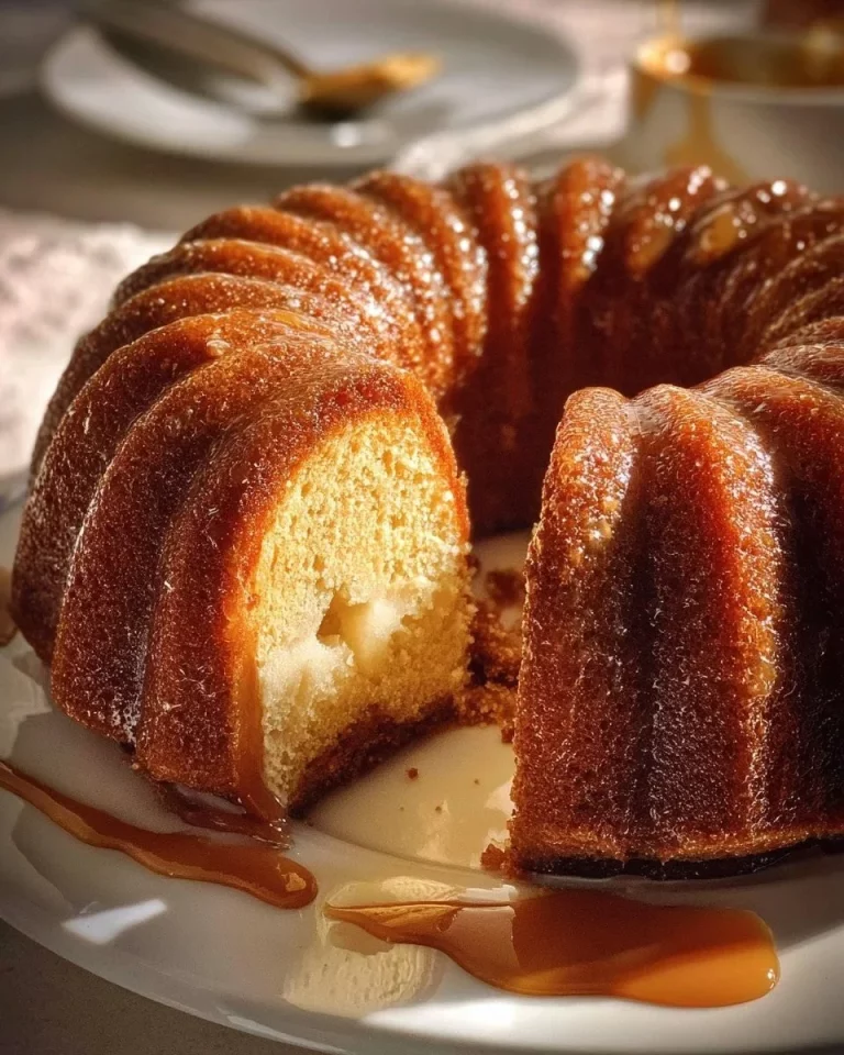 Slice of Banana Cream Cheese Bundt Cake with creamy frosting on a plate