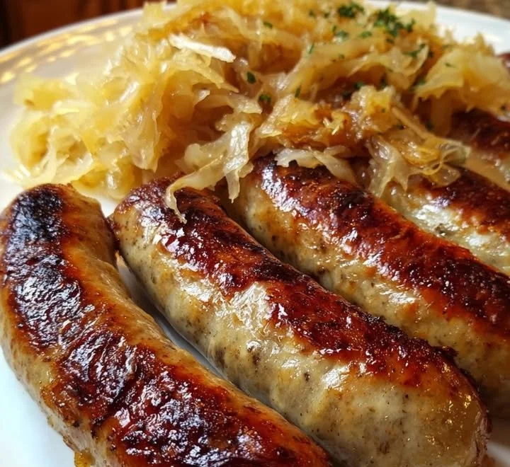 Bratwurst served with sauerkraut on a plate