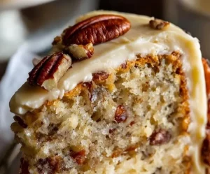 Delicious Butter Pecan Cake with nuts and frosting served on a plate