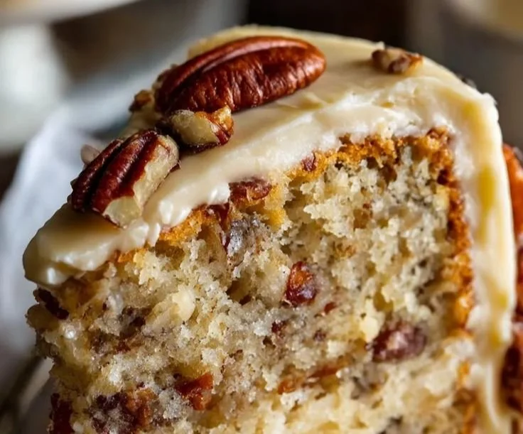 Delicious Butter Pecan Cake with nuts and frosting served on a plate