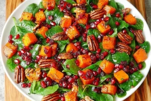 Butternut squash salad with spinach, pecans, cranberries, and pomegranate