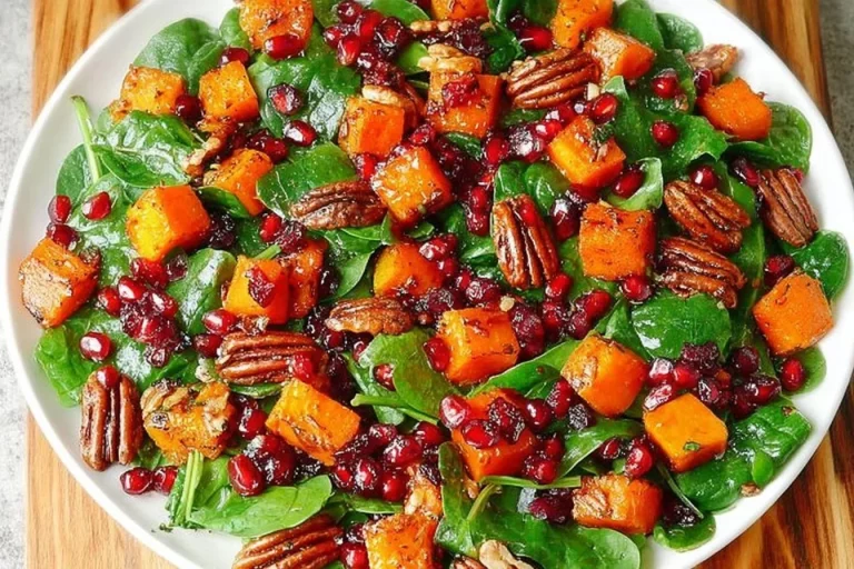 Butternut squash salad with spinach, pecans, cranberries, and pomegranate