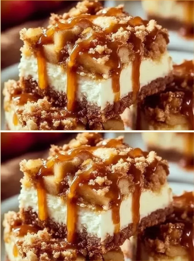 Decadent Caramel Apple Cheesecake Bars topped with caramel drizzle and apple slices.