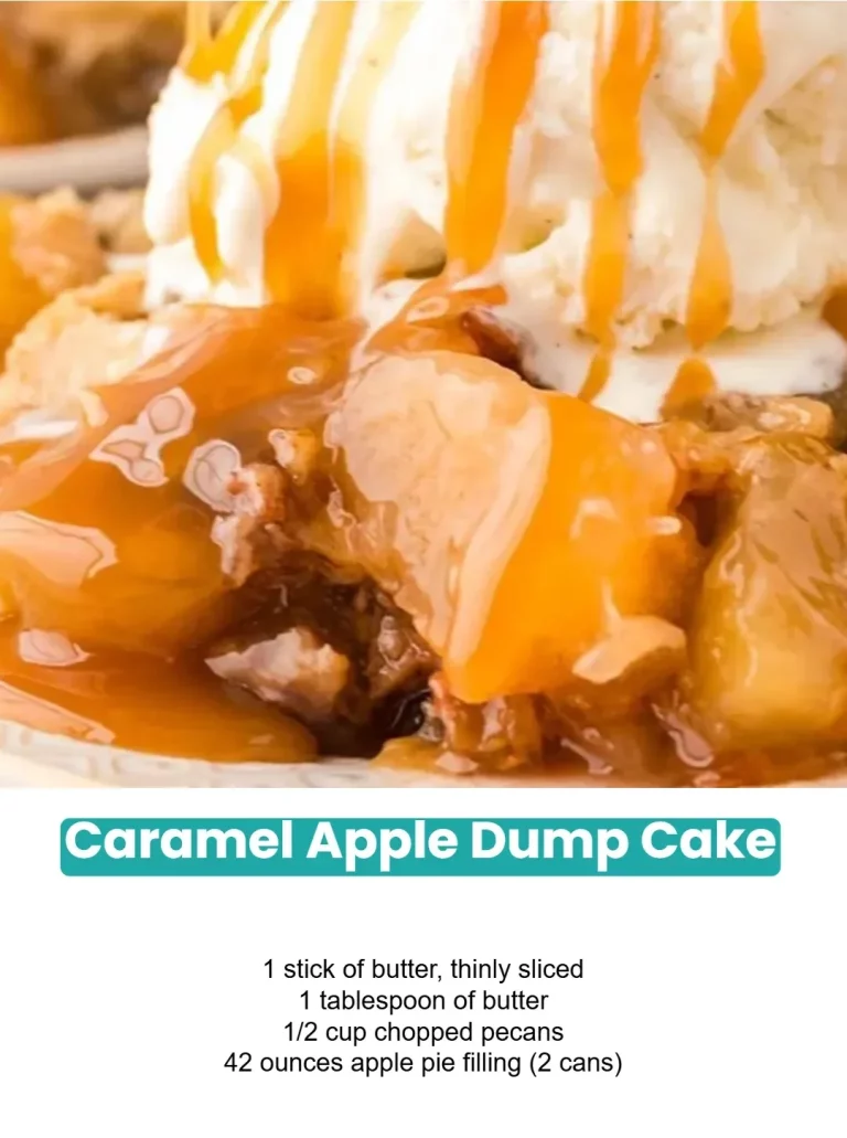 Delicious caramel apple dump cake served with melted caramel sauce