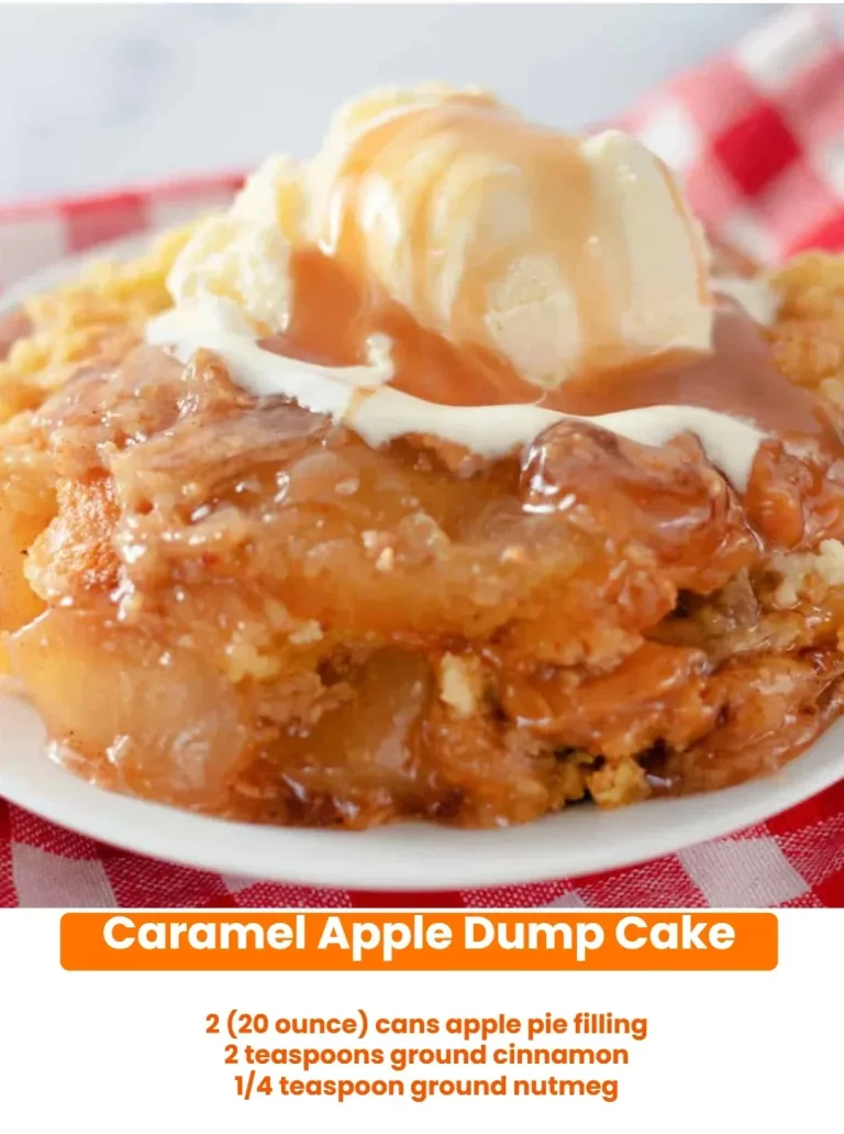 Delicious caramel apple dump cake with apple slices and caramel drizzle