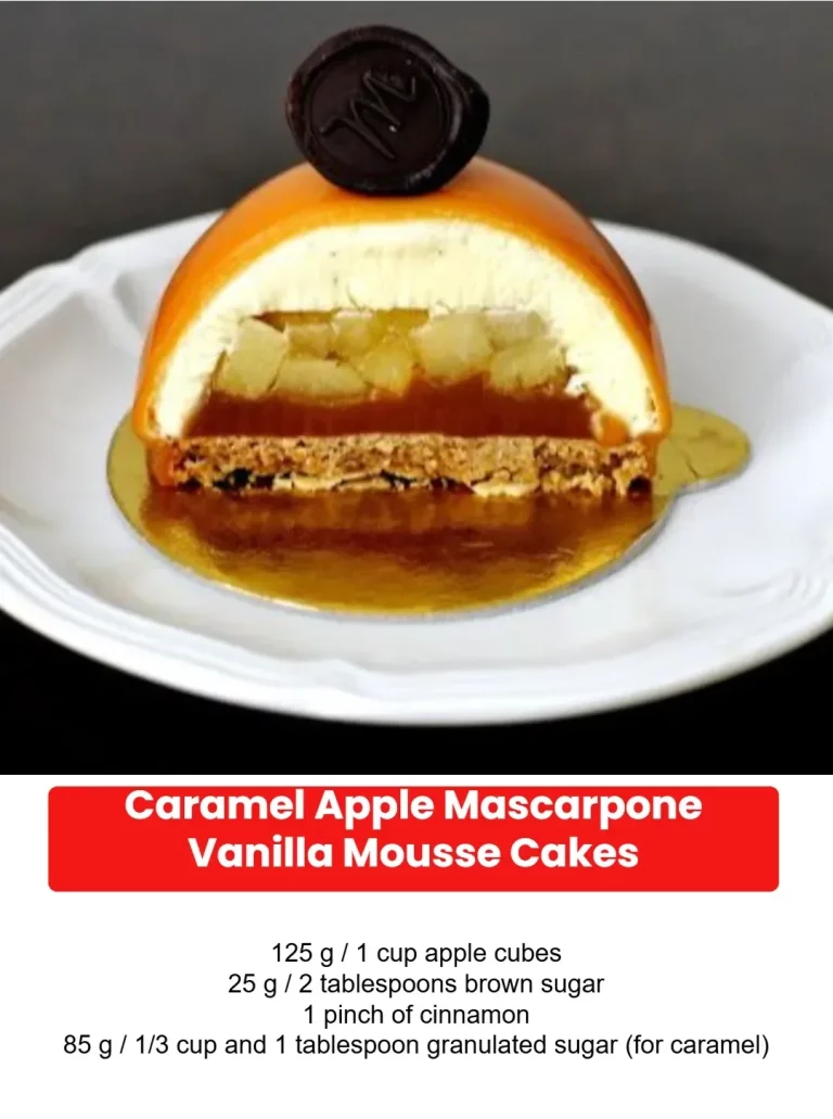 Caramel Apple Mascarpone Vanilla Mousse Cakes topped with caramel drizzle