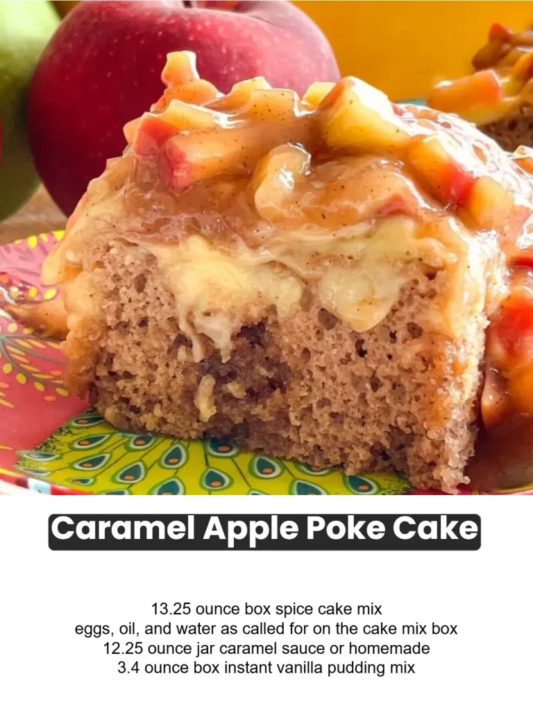 Delicious Caramel Apple Poke Cake topped with caramel drizzle and apple slices