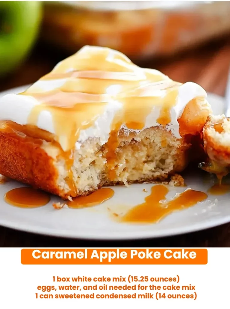 Delicious caramel apple poke cake with caramel drizzle and apple chunks