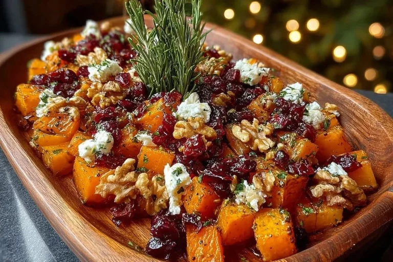 Caramelised butternut squash with feta, walnuts, and cranberry-honey glaze dish