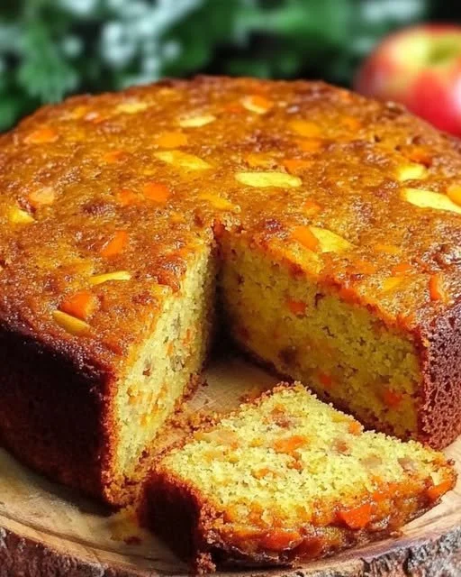 Slice of Carrot Apple Oatmeal Cake topped with nuts and frosting on a plate