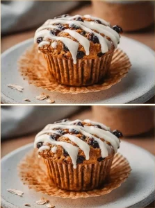 Delicious Carrot Cake Baked Oatmeal Cups topped with cream cheese icing.