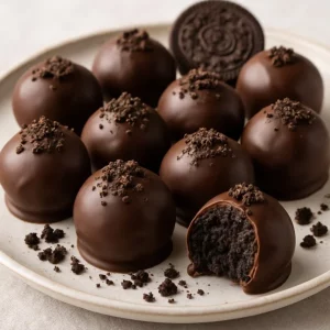 Delicious homemade Chocolate Oreo Truffles on a decorative plate