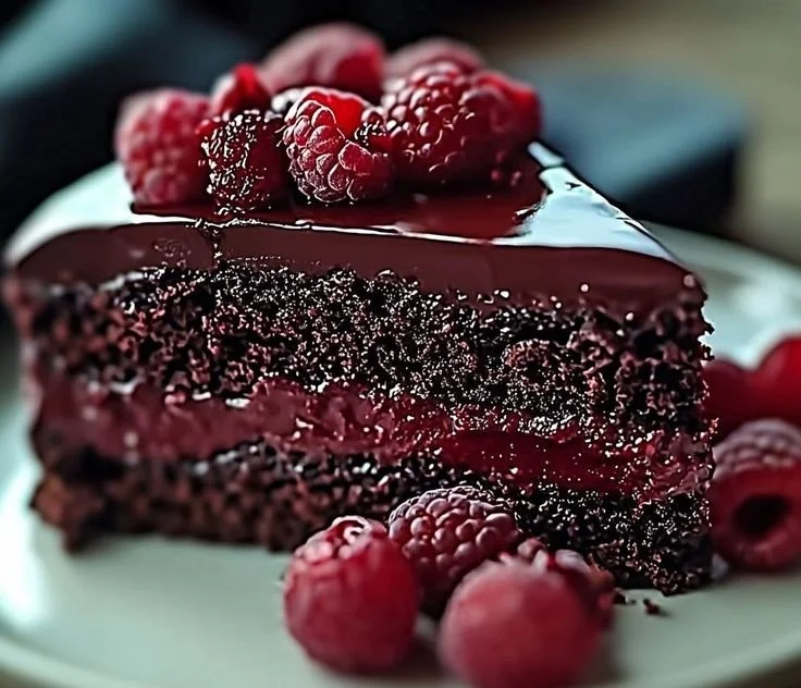 Delicious Chocolate Raspberry Cake with chocolate frosting and fresh raspberries