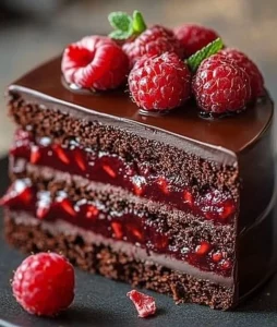 Delicious Chocolate Raspberry Truffle Cake topped with fresh raspberries