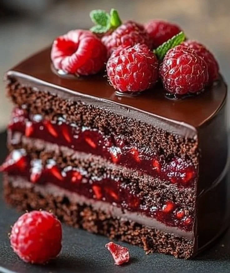 Delicious Chocolate Raspberry Truffle Cake topped with fresh raspberries