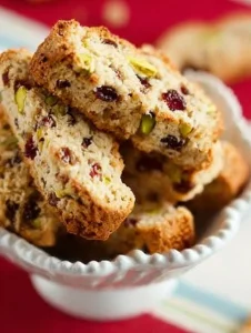 Christmas biscotti with red currants and pistachios on a festive background.