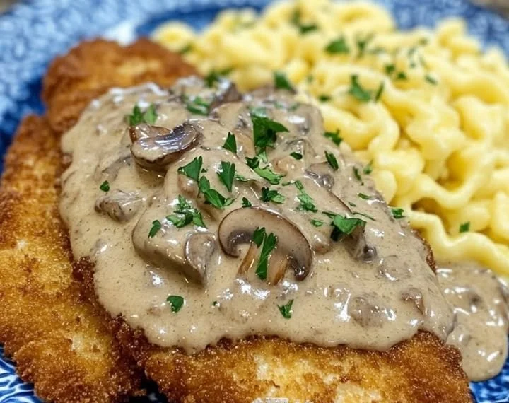Plate of classic hunter's schnitzel garnished with fresh herbs and served with sides