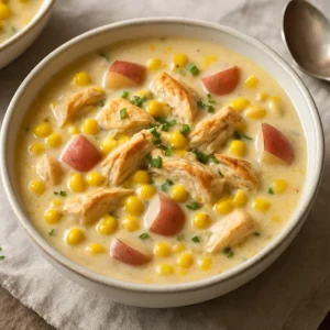 Bowl of corn chicken chowder topped with fresh herbs and served with crackers