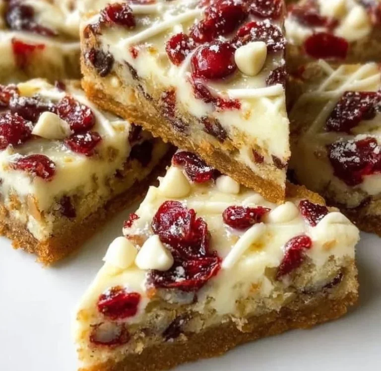 Delicious homemade Cranberry Bliss Bars with cream cheese frosting and cranberries.