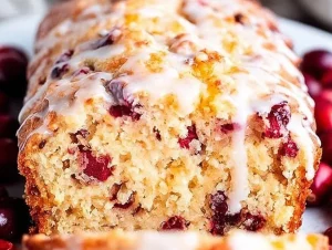 Homemade cranberry bread drizzled with glaze on a wooden table