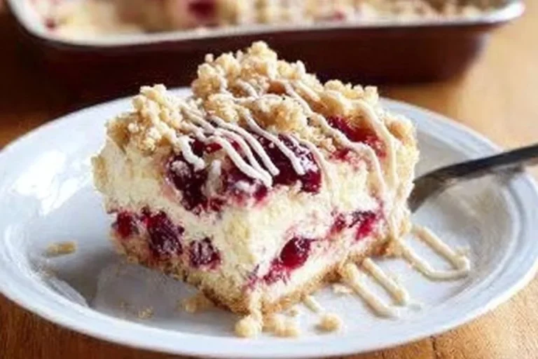 Delicious cranberry cheesecake crumble bars topped with a golden crumble layer.