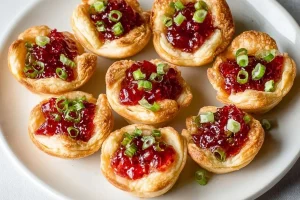 Cranberry cream cheese canapés served as festive appetizers on a platter.