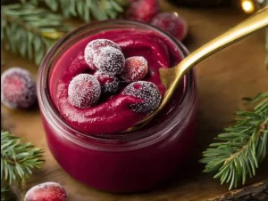Jar of homemade cranberry curd with fresh cranberries on the side
