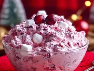 Cranberry Fluff dessert with whipped cream and fresh cranberries
