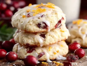 Freshly baked cranberry orange biscuits with zesty glaze