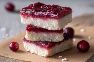 Delicious homemade Cranberry Orange Coconut Bars on a wooden table
