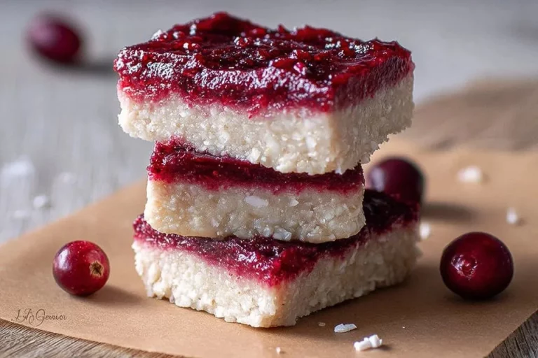 Delicious homemade Cranberry Orange Coconut Bars on a wooden table