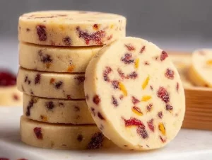 Freshly baked Cranberry Orange Shortbread biscuits on a plate
