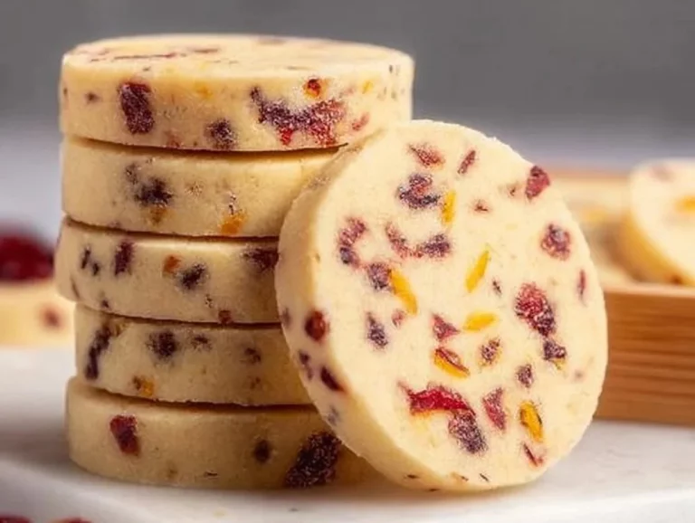 Freshly baked Cranberry Orange Shortbread biscuits on a plate