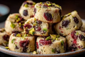 Cranberry Pistachio Shortbread Biscuits arranged on a plate