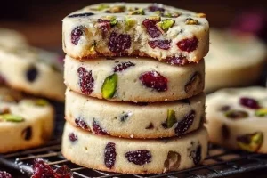Cranberry pistachio shortbread biscuits on a rustic table