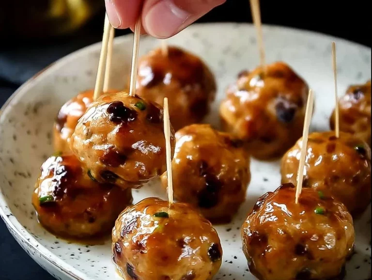 Cranberry turkey meatballs drizzled with maple mustard glaze on a serving platter