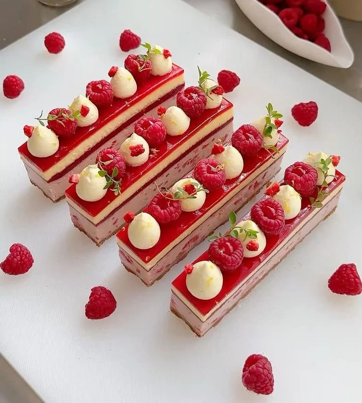 Creamy raspberry cheesecake slice with fresh raspberries on top