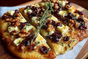 Crispy flatbread topped with brie cheese, cranberries, and toasted walnuts.
