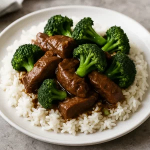 Delicious Crockpot Beef and Broccoli served on a plate with steamed rice.