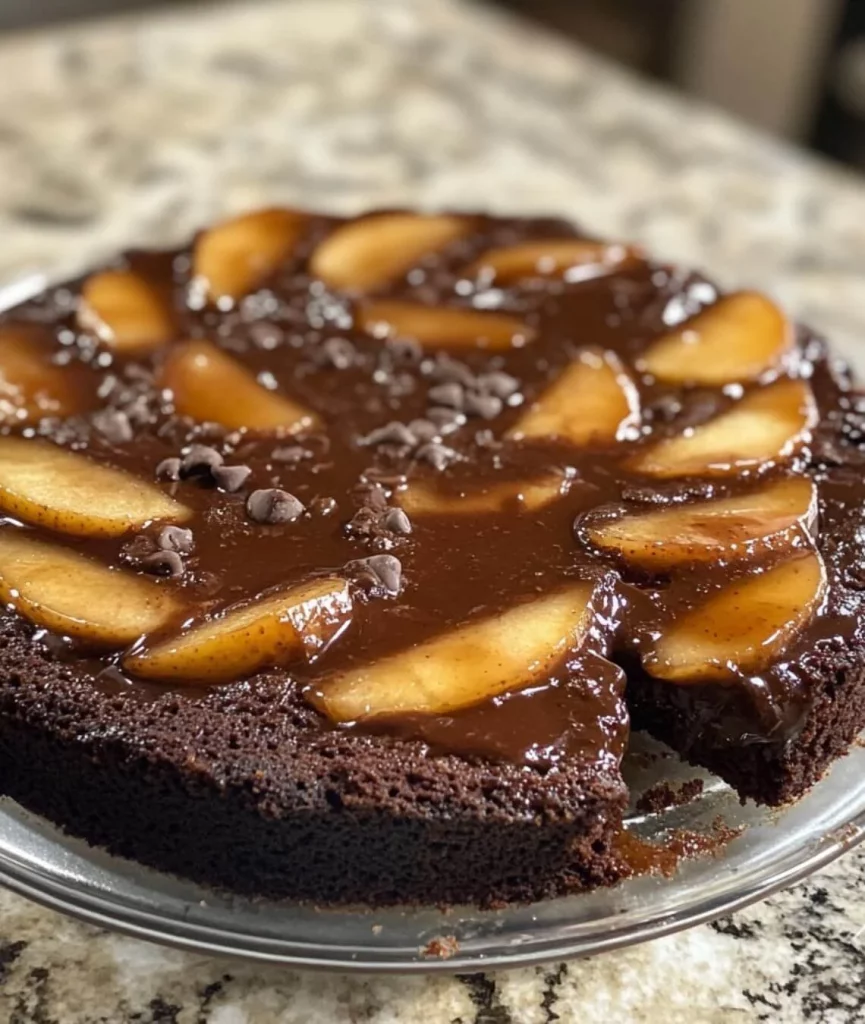 Delicious chocolate apple upside down cake with rich chocolate and caramelized apples