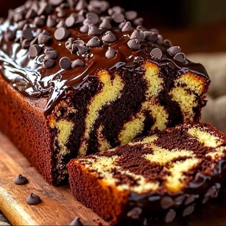 Sliced Double Chocolate Ricotta Marble Loaf Cake on a wooden table