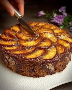 Slice of easy and delicious oatmeal apple cake topped with apple slices
