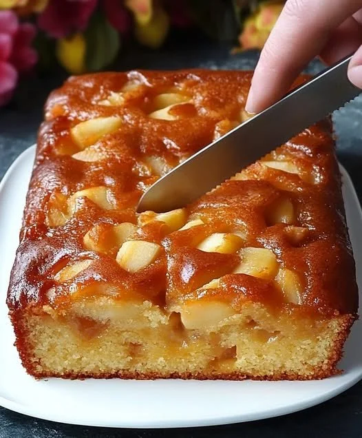 Delicious easy apple pie cake topped with caramel sauce and cinnamon